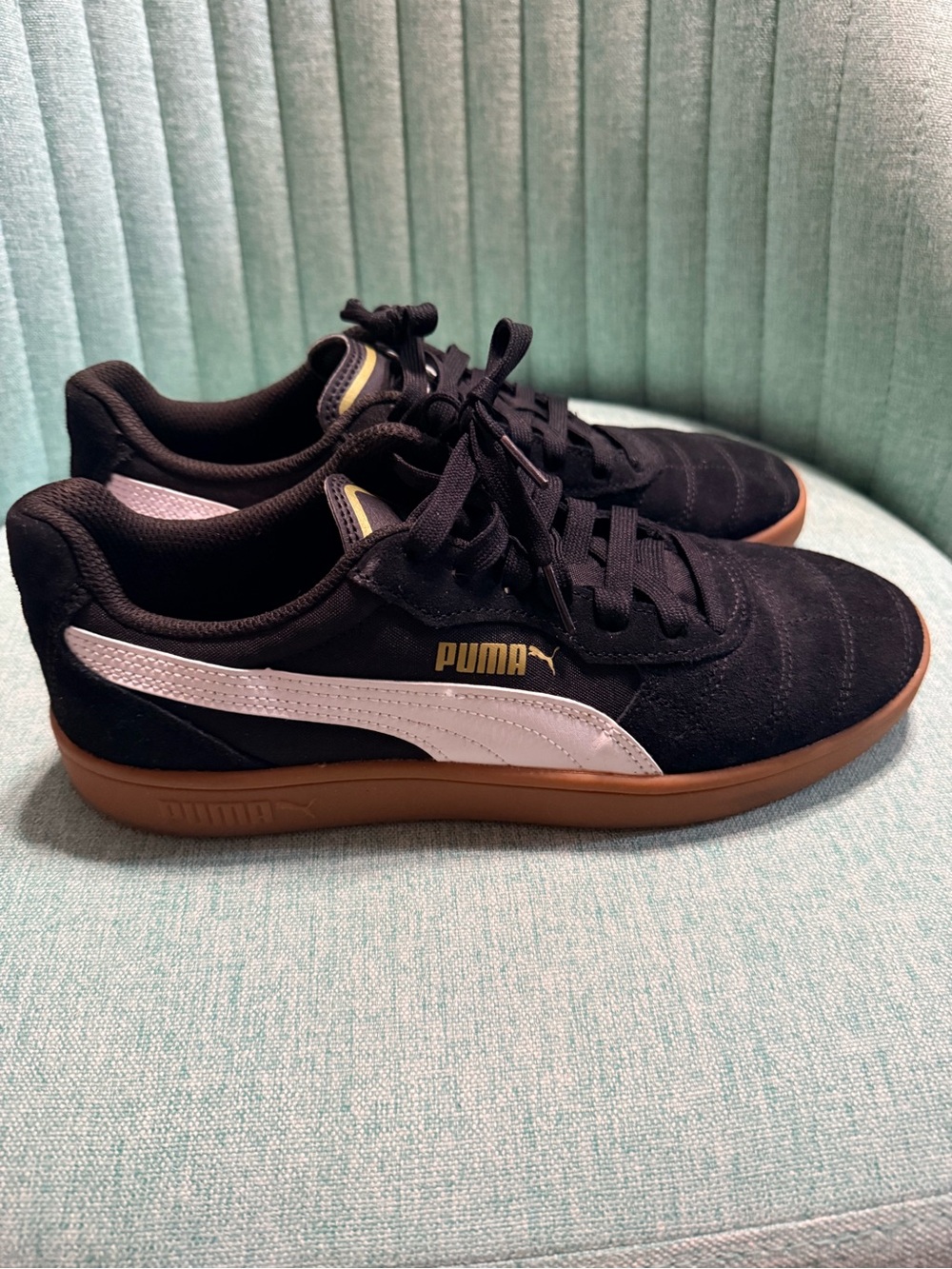 Puma Black Suede Sneakers with White Formstrip and Gum Sole